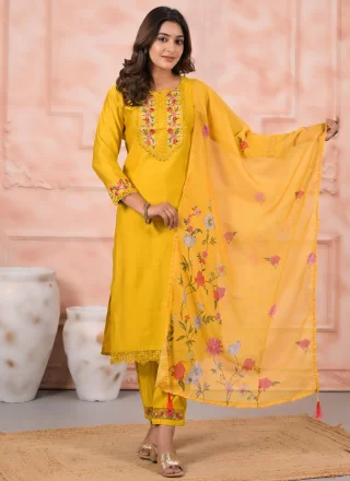 Yellow Silk Embroidered Work Salwar Suit for Casual
