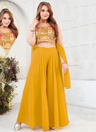 Yellow Silk Fancy, Mirror, Print and Thread Work Sharara Set for Ceremonial