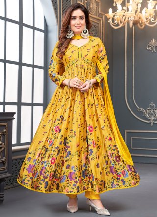 Yellow Silk Floor Length Salwar Suit with Floral Patch and Sequins Work
