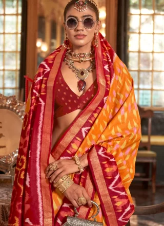 Yellow Silk Geometric Print Work Contemporary Sari