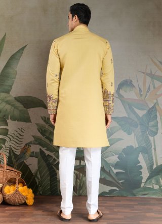 Yellow Silk Kurta Mens Wear with Embroidered and Thread Work