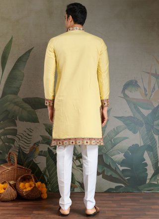 Yellow Silk Kurta Mens Wear with Embroidered, Sequins and Thread Work for Men