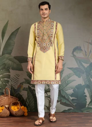 Yellow Silk Kurta Mens Wear with Embroidered, Sequins and Thread Work for Men