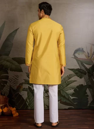Yellow Silk Kurta Mens Wear with Embroidered Work