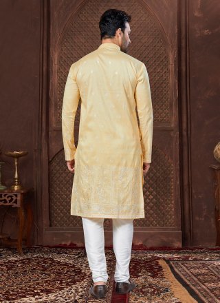 Yellow Silk Kurta Pyjama with Embroidered, Thread and Zari Work for Ceremonial