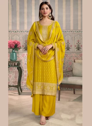 Yellow Silk Pant Style Suit with Embroidered and Zari Work