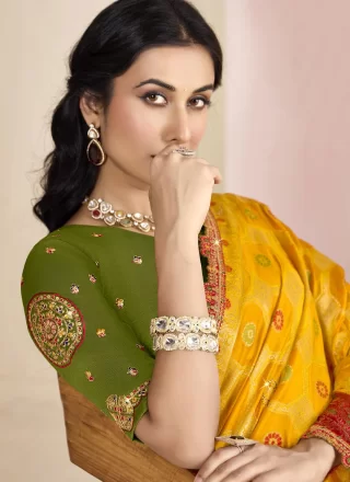 Yellow Silk Patch Border, Embroidered, Jacquard, Stone and Zari Work Traditional Saree