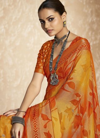 Yellow Silk Print and Zari Work Designer Saree