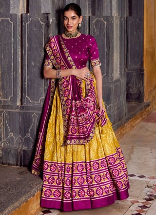 Yellow Silk Print Work Lehenga Choli