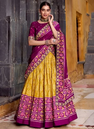 Yellow Silk Print Work Lehenga Choli