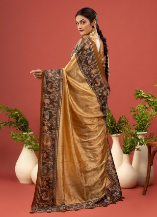 Yellow Silk Print Work Trendy Saree for Women