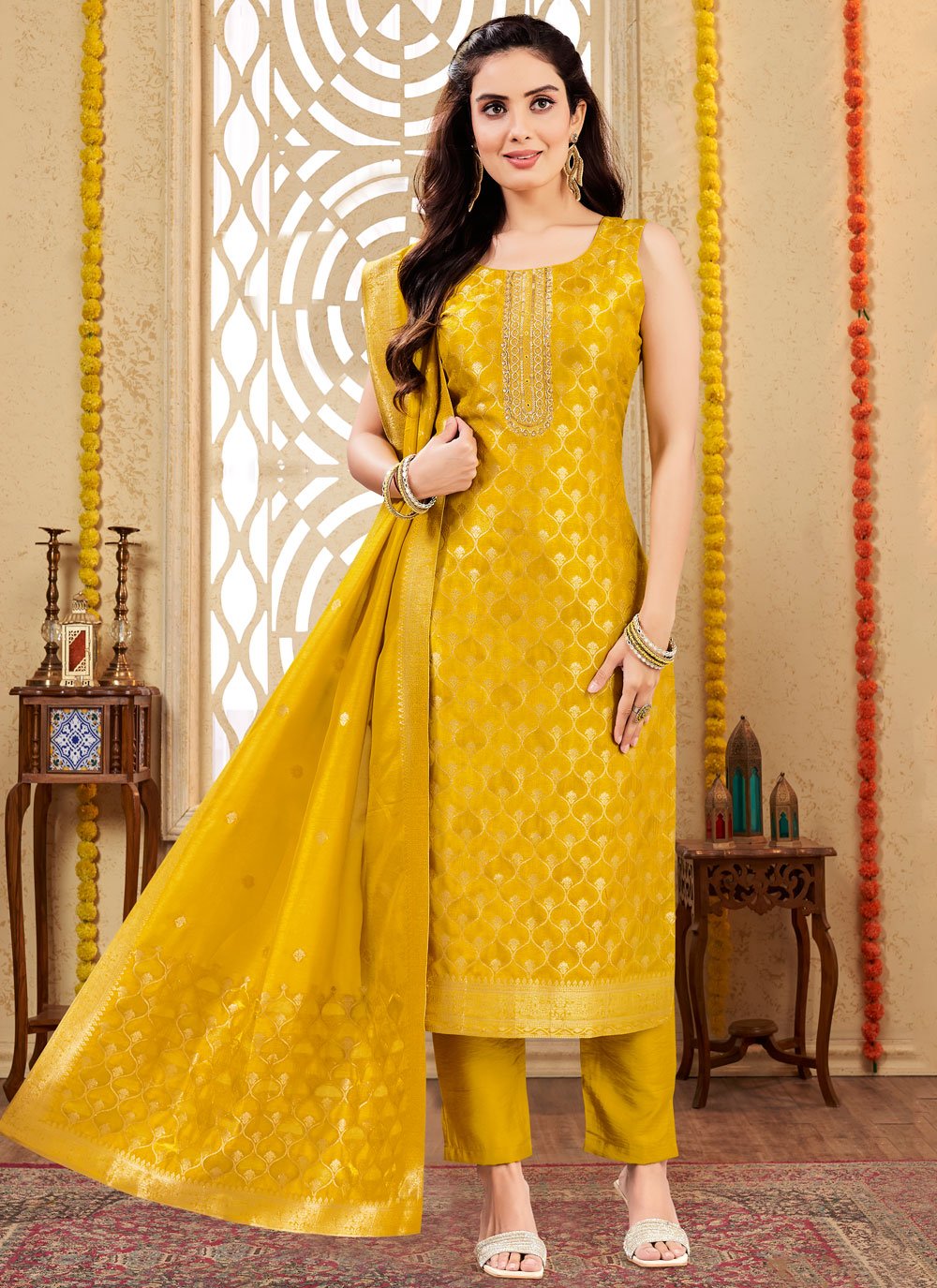 Buy Online Yellow Silk Salwar Suit with Embroidered, Jacquard and
