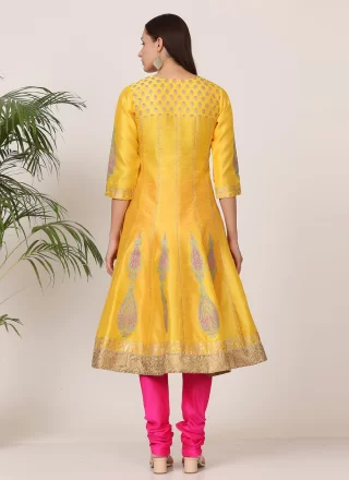 Yellow Silk Salwar Suit with Print Work