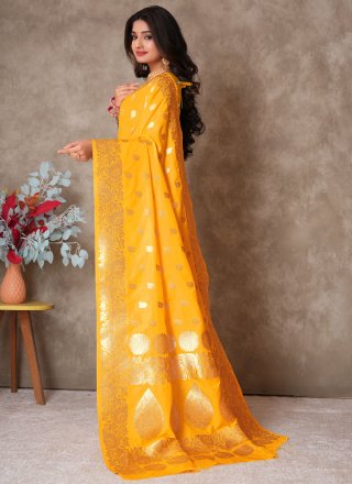 Yellow Silk Traditional Saree with Weaving Work