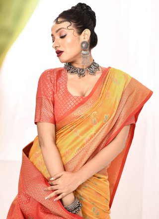 Yellow Silk Trendy Saree with Floral Patch and Woven Work