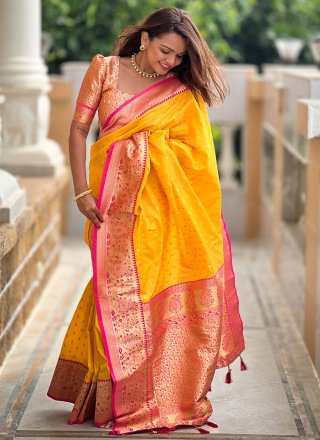Yellow Silk Trendy Saree with Meenakari, Weaving and Zari Work for Ceremonial