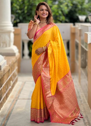Yellow Silk Trendy Saree with Meenakari, Weaving and Zari Work for Ceremonial