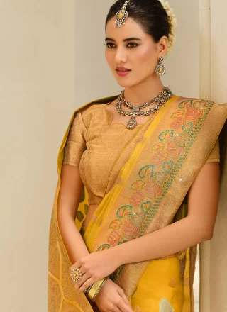 Yellow Silk Trendy Saree with Weaving Work