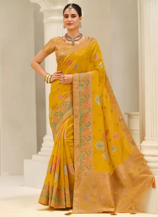 Yellow Silk Trendy Saree with Weaving Work