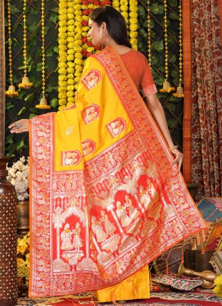 Yellow Silk Weaving Work Contemporary Sari