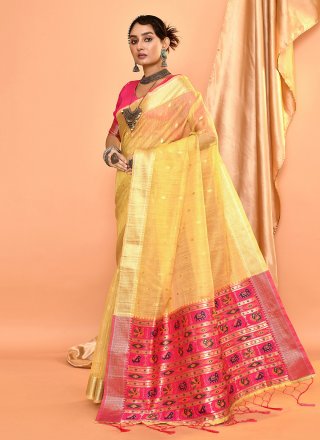 Yellow Silk Woven Work Contemporary Saree