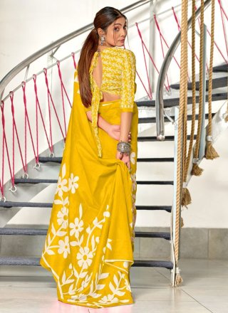 Yellow Soft Cotton Foliage Print Work Traditional Saree