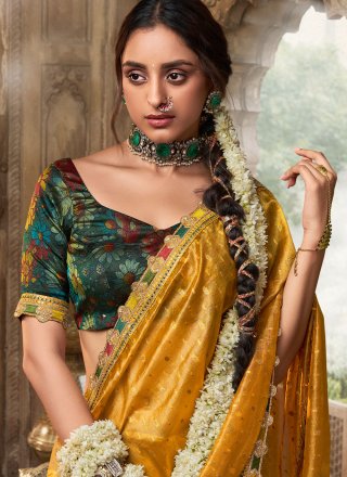 Yellow Tissue Classic Sari with Patch Border, Fancy, Jacquard and Lace Work