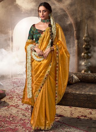 Yellow Tissue Classic Sari with Patch Border, Fancy, Jacquard and Lace Work