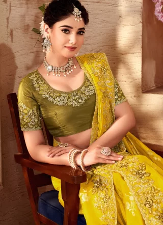 Yellow Tissue Trendy Saree with Beads, Booti, Embroidered, Jacquard, Resham, Sequins, Stone and Zari Work