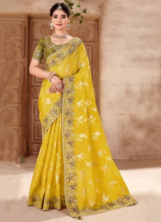 Yellow Tissue Trendy Saree with Beads, Booti, Embroidered, Jacquard, Resham, Sequins, Stone and Zari Work