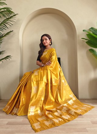 Yellow Tissue Zari Work Contemporary Sari for Ceremonial