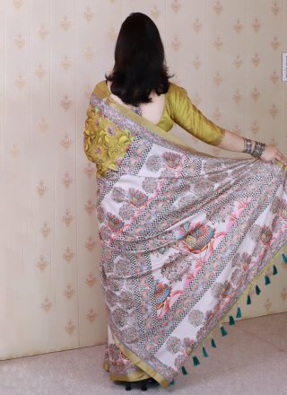 Yellow Tussar Silk Patch Border and Digital Print Work Contemporary Saree