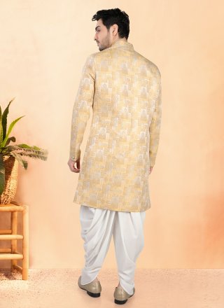 Yellow Velvet Buttons and Print Work Indo Western for Ceremonial