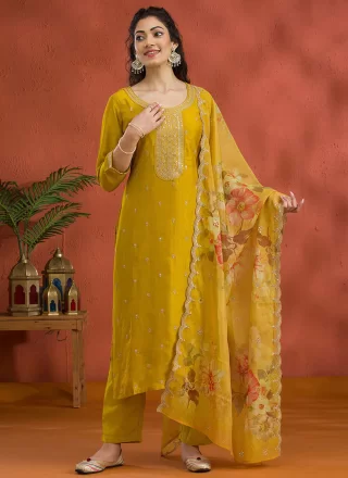 Yellow Vichitra Silk Booti, Embroidered and Zari Work Pant Style Suit
