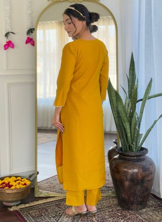 Yellow Viscose Embroidered and Zari Work Pant Style Suit