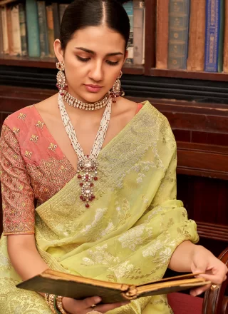 Yellow Viscose Woven and Zari Work Contemporary Sari for Ceremonial