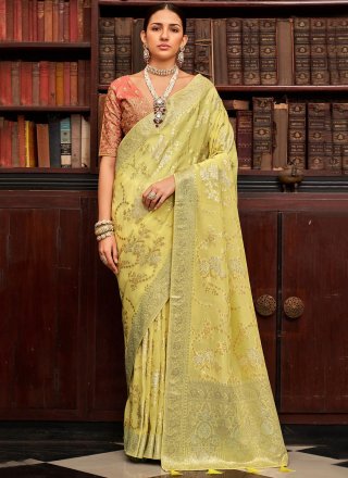 Yellow Viscose Woven and Zari Work Contemporary Sari for Ceremonial