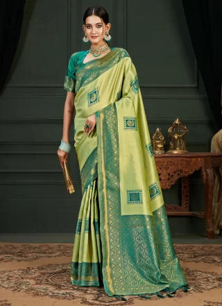 Zari Work Kanjivaram Silk Trendy Saree In Green Color