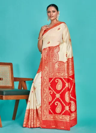 Zari Work Kanjivaram Silk Trendy Saree In White Color