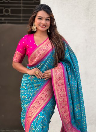 Zari Work Patola Silk Trendy Saree In Teal for Ceremonial