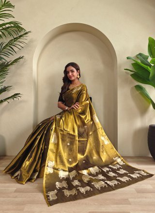 Zari Work Tissue Contemporary Saree In Mustard Color