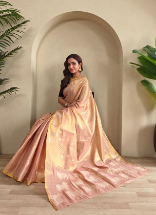 Zari Work Tissue Trendy Saree In Peach Color
