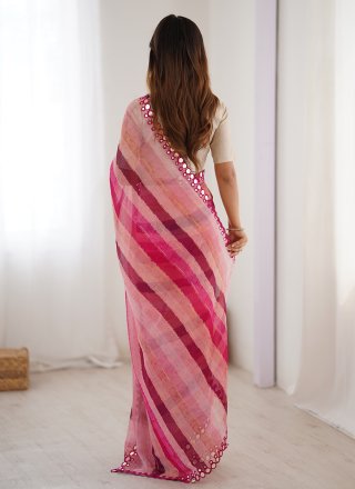 Zesty Pink Chiffon Classic Sari with Cut, Mirror and Print Work