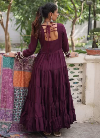Zesty Purple Fancy Fabric  Designer Gown with Lace Work
