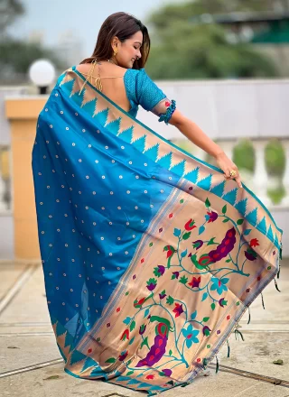 Zesty Teal Silk Contemporary Saree with Jacquard and Meenakari Work
