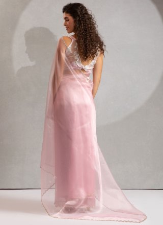 Zircon Work Organza Classic Sari In Pink Color
