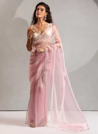 Zircon Work Organza Classic Sari In Pink Color