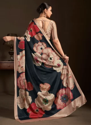 Black Crepe Silk Traditional Saree with Print Work