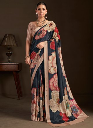 Black Crepe Silk Traditional Saree with Print Work
