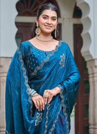Blue Silk Contemporary Saree with Diamond Work